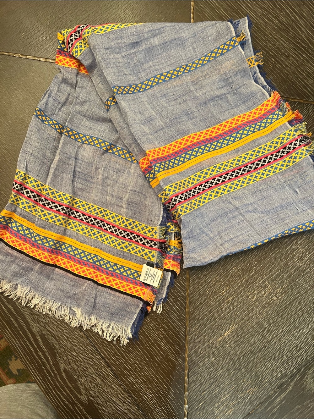 J. Crew Factory Light Blue Woven Scarf with Multicolor Stripe Embroidery